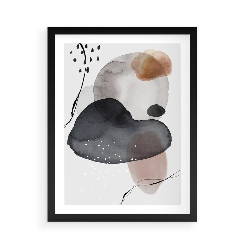 Plakat w ramie 50x70 - Impresje Harmonii - abstrakcyjne plamy akwarelowe, czarny szkic - rama czarna