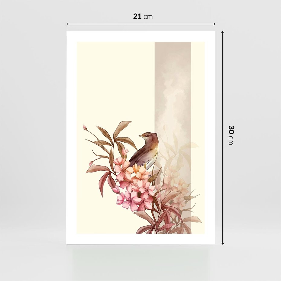 Plakat bez ramy 21x30 - Kwiatowe Zanurzenie - japońska sztuka, ptak