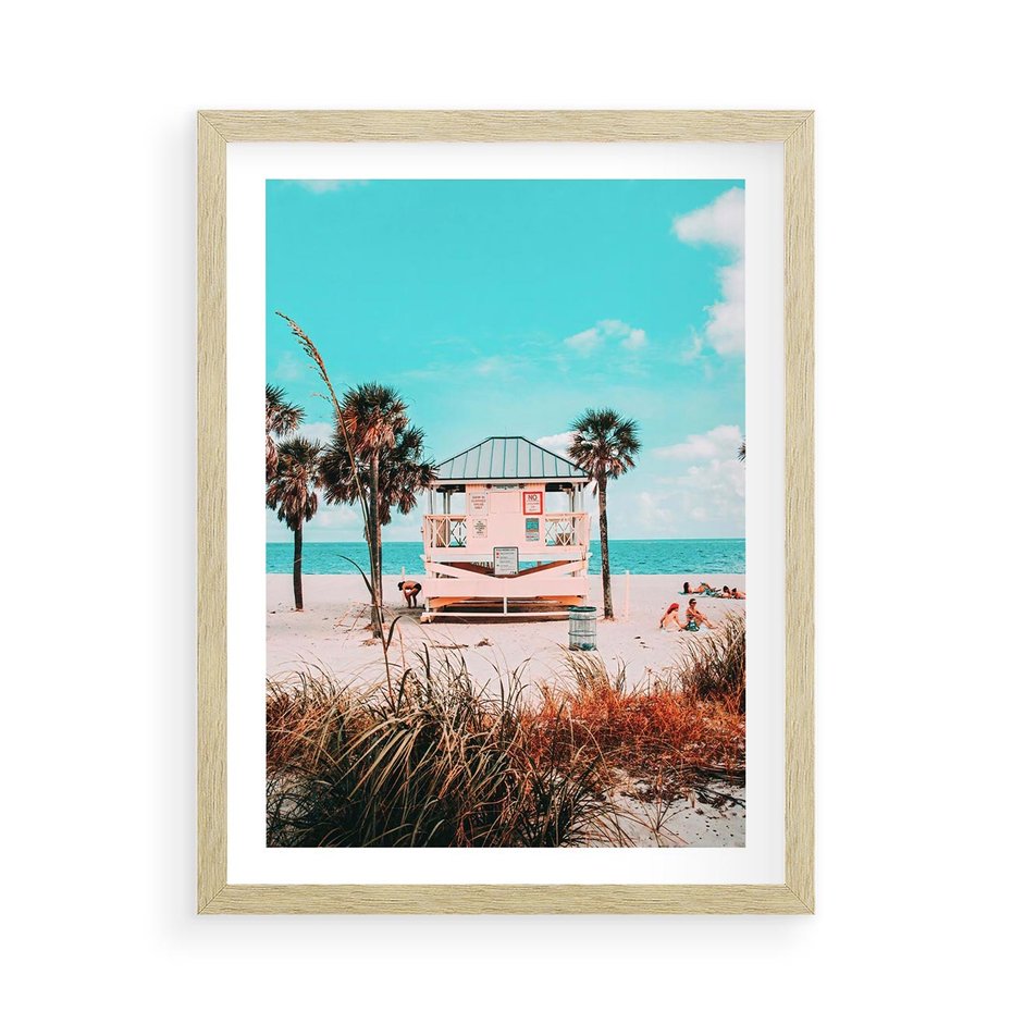 Plakat w ramie 50x70 - Plaża, Palmy i Spokój Miami - budka ratownika, plaża Miami - rama drewno