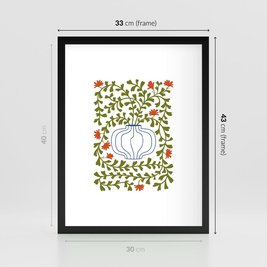 Plakat w ramie 30x40 - Wewnętrzne Fale - kwiaty w wazonie, minimalizm - rama czarna