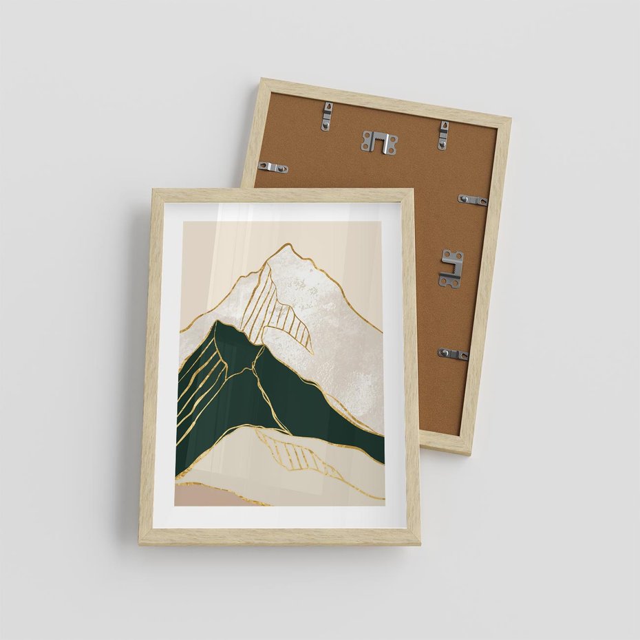 Plakat w ramie 30x40 - Minimalistyczne Góry: Złota Sztuka Natury - minimalistyczna grafika, góry - rama drewno