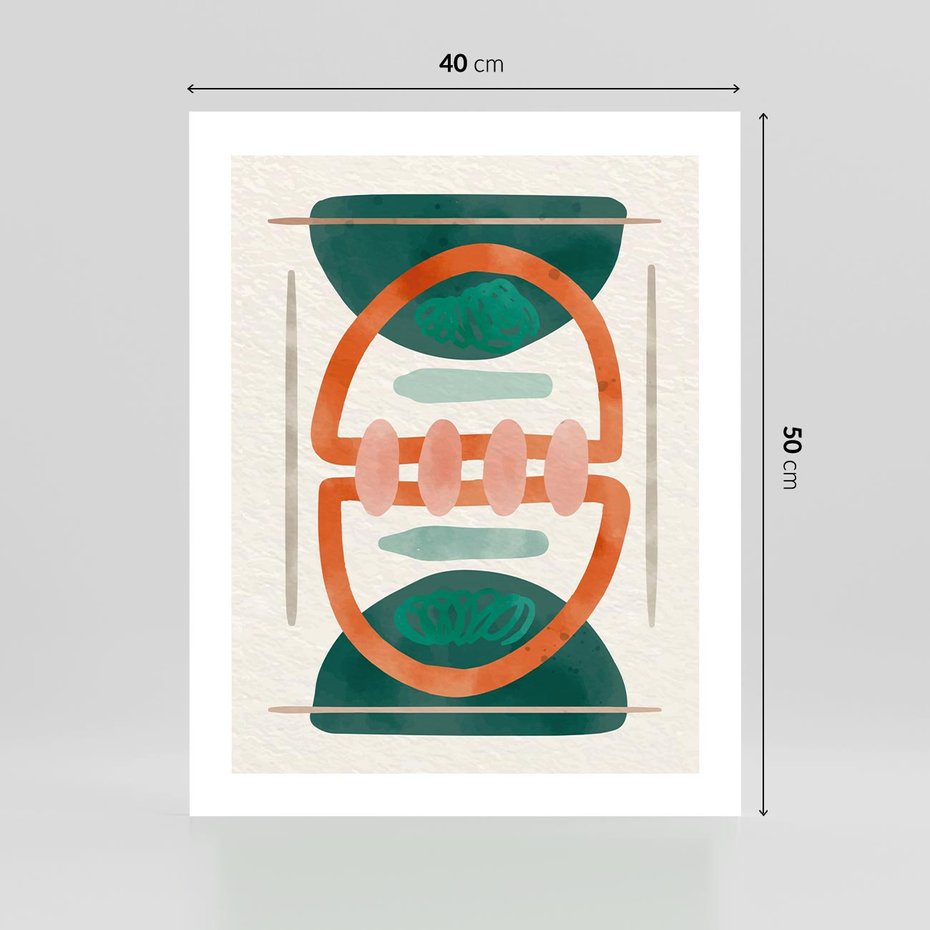 Plakat bez ramy 40x50 - Oryginalny obraz abstrakcyjny w nowoczesnym stylu. Geometryczne akwarelowe kształty w intensywnych odcieniach zieleni i pomarańczu. Doskonała dekoracja dla miłośników sztuki. - abstrakcyjny obraz, sztuka nowoczesna