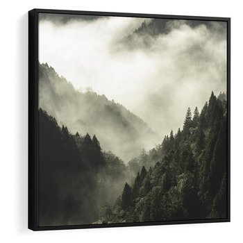 Obraz w ramie 50x50 - Mgliste góry w lesie - góry, las - rama czarna