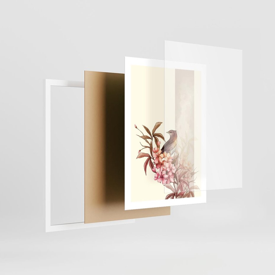 Plakat w ramie 50x70 - Kwiatowe Zanurzenie - japońska sztuka, ptak - rama biała