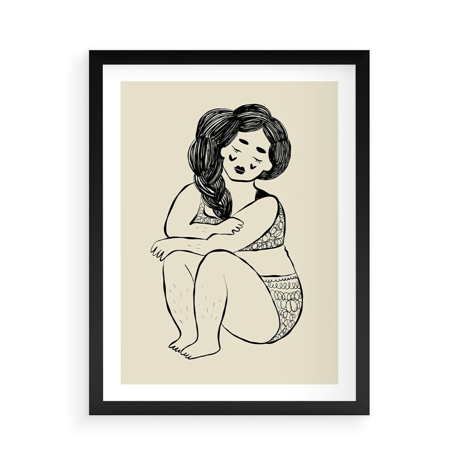 Plakat w ramie 50x70 - Migotliwe Refleksje - nowoczesny minimalistyczny rysunek, dziewczyna w bieliźnie - rama czarna