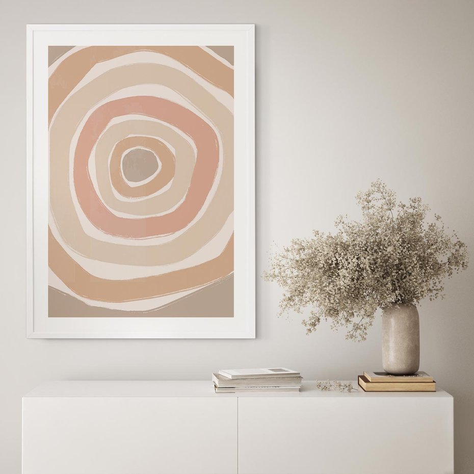 Plakat bez ramy 21x30 - Roztopione Granice - abstakcyjne koła, delikatne odcienie beżu