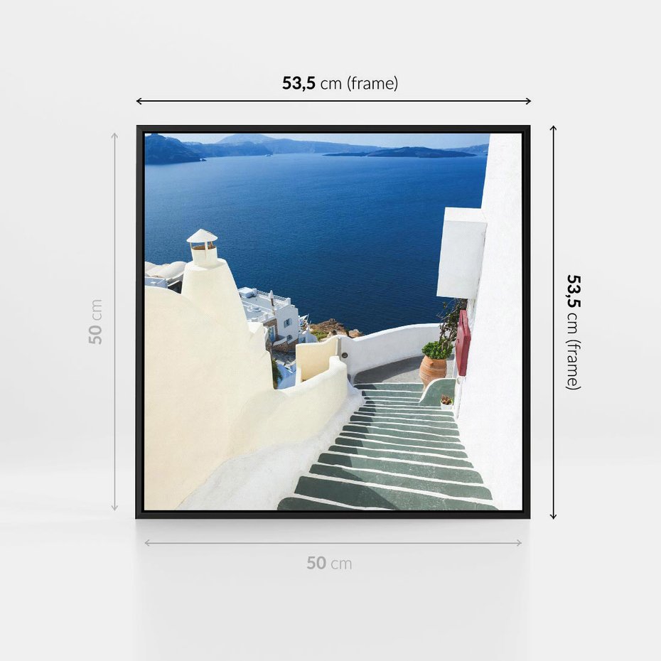 Obraz w ramie 50x50 - Malowniczy urok wyspy - Santorini, schodki - rama czarna