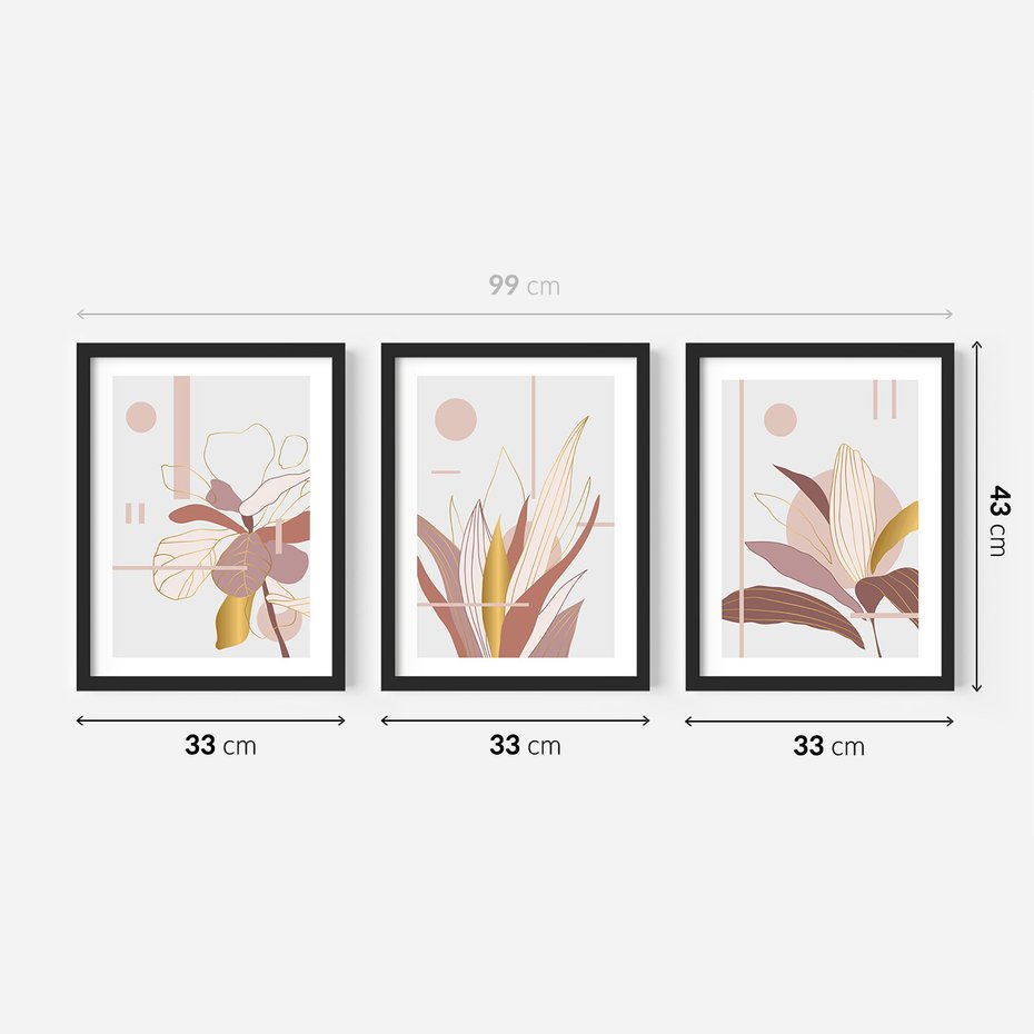Zestaw obrazy w ramie 30x40 galeria - Złote, liście, pastelowe, nowoczesne - rama czarna