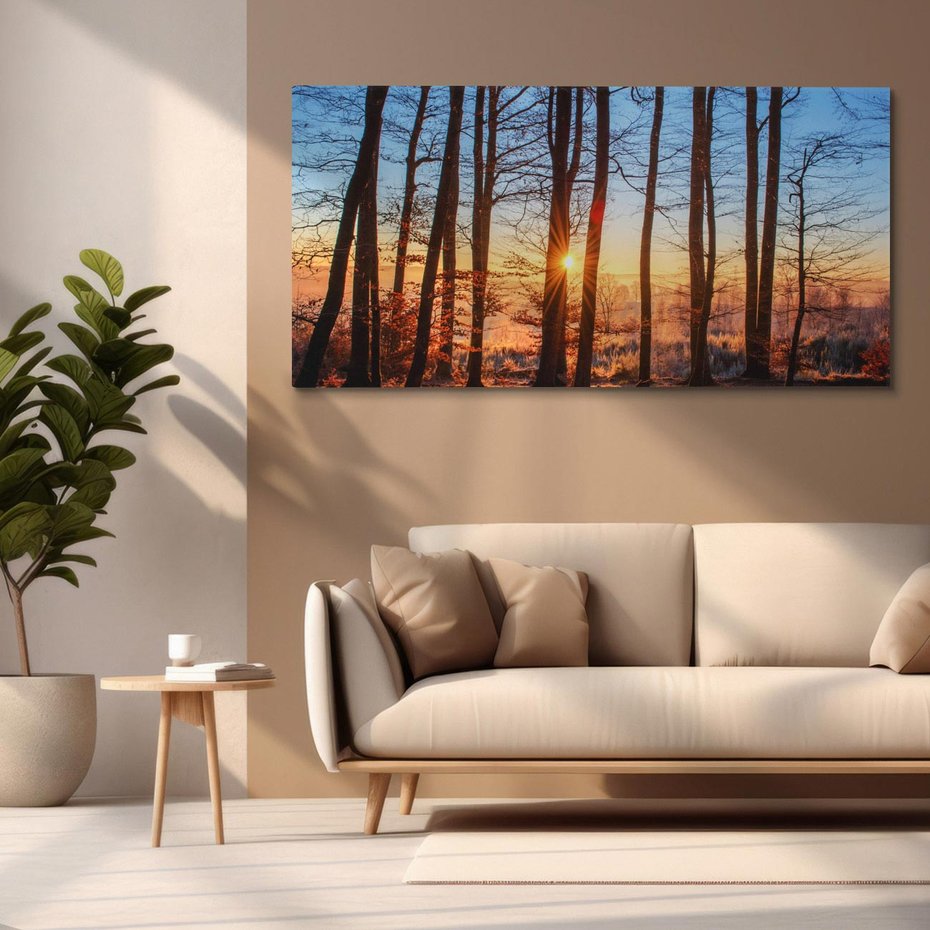 Obraz na płótnie 120x60 - Zachód słońca w jesiennym lesie - zachód słońca,