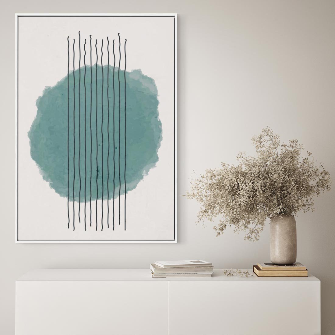 Obraz w ramie 70x100 - Podróżne Inspiracje - abstrakcyjna akwarelowa plama, nieregularne kreski - rama biała