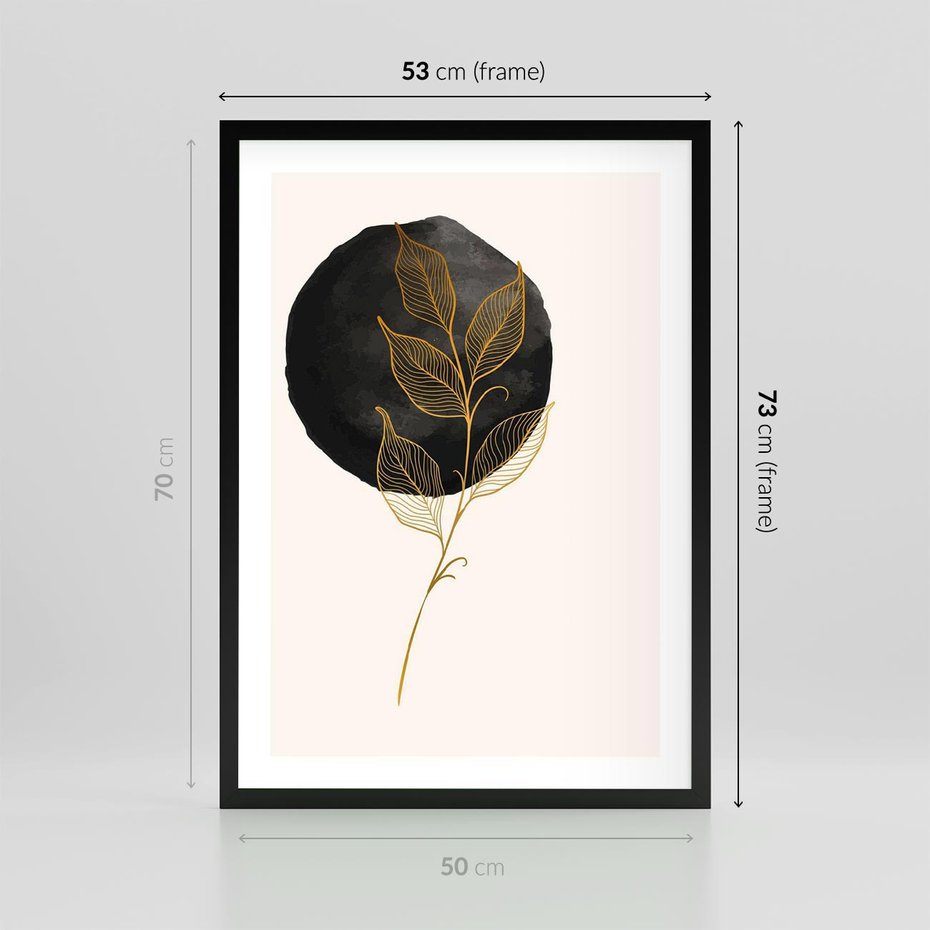 Plakat w ramie 50x70 - Złoty Liść na Czarnej Plamie - grafika, złoty liść - rama czarna