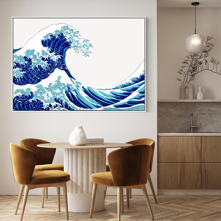 Obraz w ramie 70x50 - Fala Japandi - wielka fala w Kaganawie, obraz Hokusai - rama biała