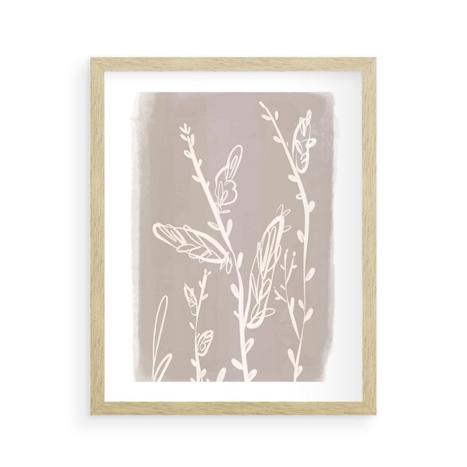 Plakat w ramie 40x50 - Roślinne Przeniknięcia - nowoczesny subtelny plakat, beżowy - rama drewno