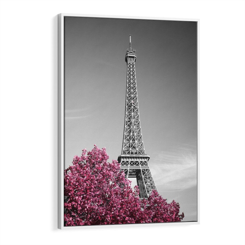 Obraz w ramie 80x120 - Różowy Paryż - czarno białe zdjęcie, wieża eiffla - rama biała