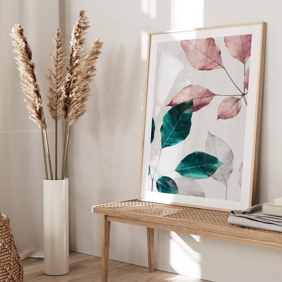 Plakat w ramie 40x50 - Pastelowe Liście w Minimalizmie - pastelowe liście, minimalistyczny obraz - rama drewno