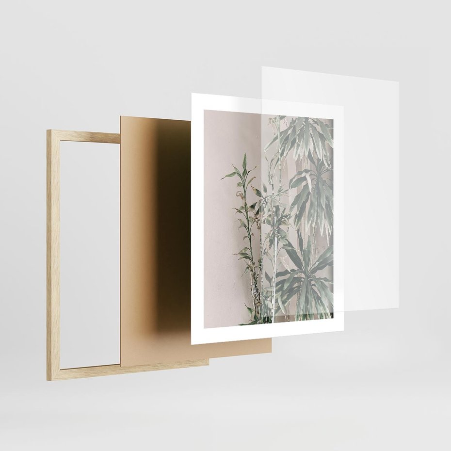 Plakat w ramie 40x50 - Egzotyczna Kompozycja - liście, rośliny tropikalne na tle ściany - rama drewno