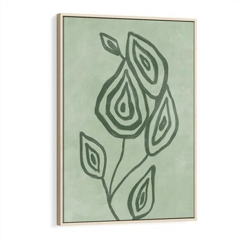 Obraz w ramie 80x120 - Szmaragdowy Oddech - abstrakcyjne delikatne zielone linie, podobne do gałęzi kwiatów - rama drewno