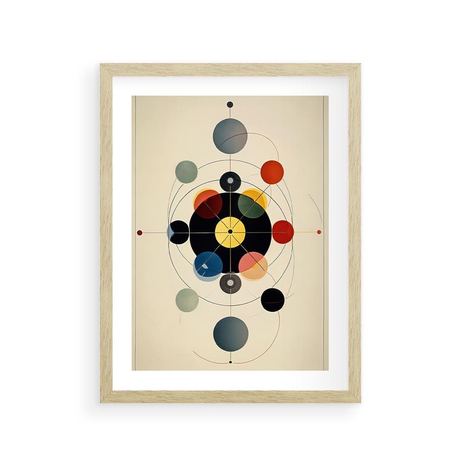 Plakat w ramie 30x40 - Bezgraniczny Taniec Światła - abstrakcyjna geometryczna kompozycja, koła linie - rama drewno