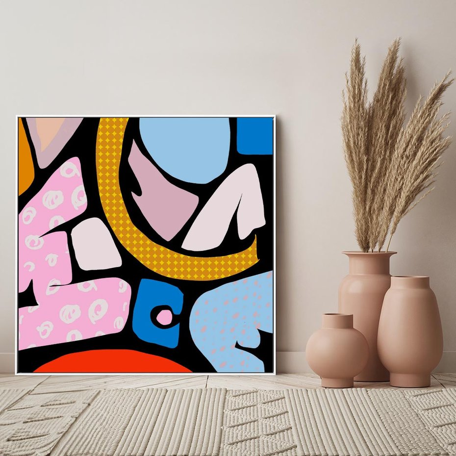 Obraz w ramie 80x80 - Kolory Komiksu - abstrakcyjne formy, komiksowy styl - rama biała