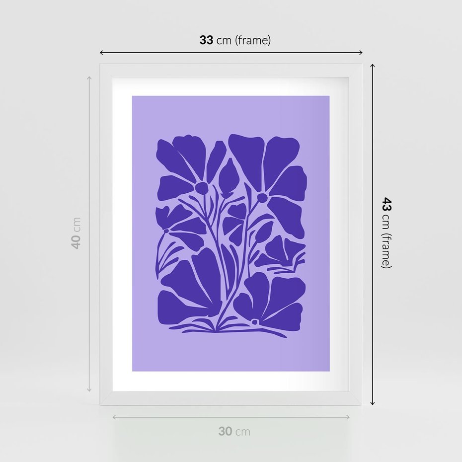 Plakat w ramie 30x40 - Migocące Boho Wibracje - kwiaty, energetyczne fioletowe tło - rama biała