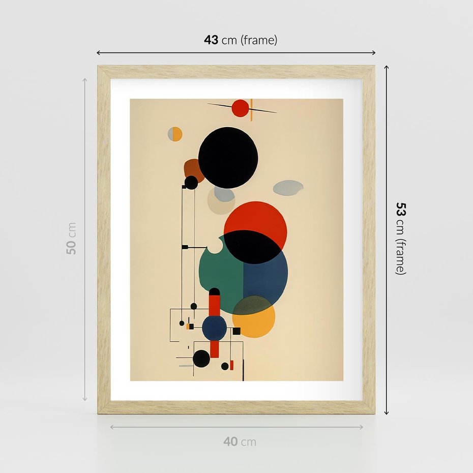 Plakat w ramie 40x50 - Migocące Impresje Odniesień - abstrakcyjna geometryczna kompozycja, koła linie - rama drewno