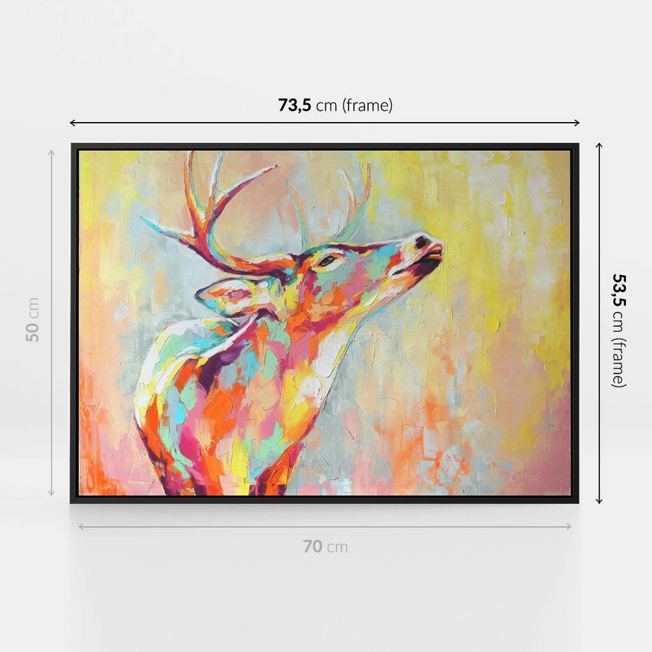 Obraz w ramie 70x50 - Impresje snów malarza - kolorowy olejny obraz, jeleń ryczący na rykowisku - rama czarna