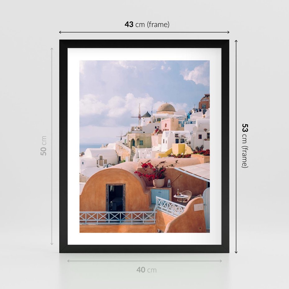 Plakat w ramie 40x50 - Błękit Morza i Białe Domki - Santorini, wyspa - rama czarna
