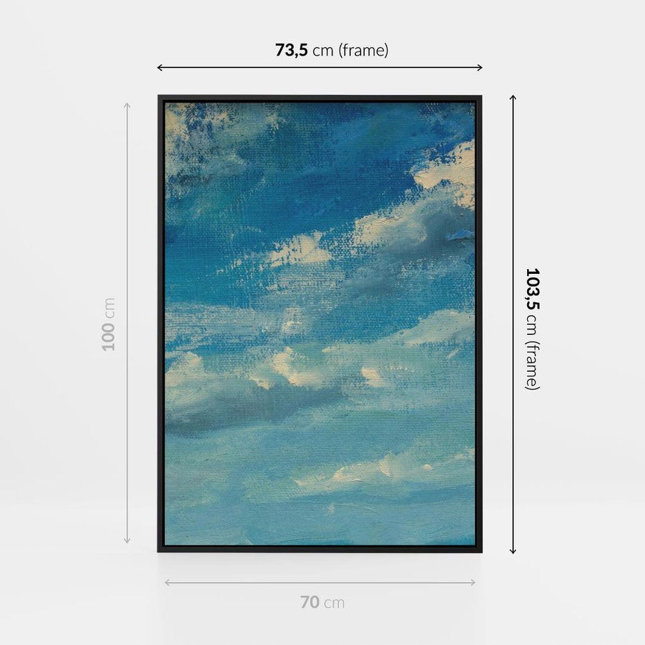 Obraz w ramie 70x100 - Oddechy niebiańskiej materii - olejny obraz, smugi farby przypominają obłoki na błękitnym niebie - rama czarna