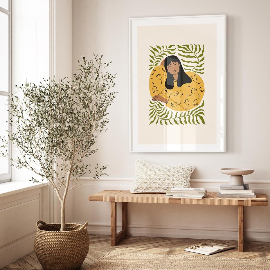 Plakat bez ramy 50x70 - Malowane Odbicia Wyobraźni - nowoczesny plakat, kobieta otoczona liśćmi