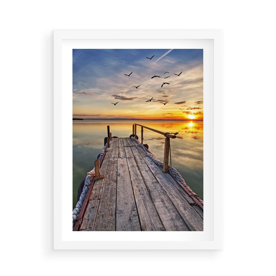 Plakat w ramie 50x70 - Spokojny pomost nad jeziorem - pomost, jezioro - rama biała