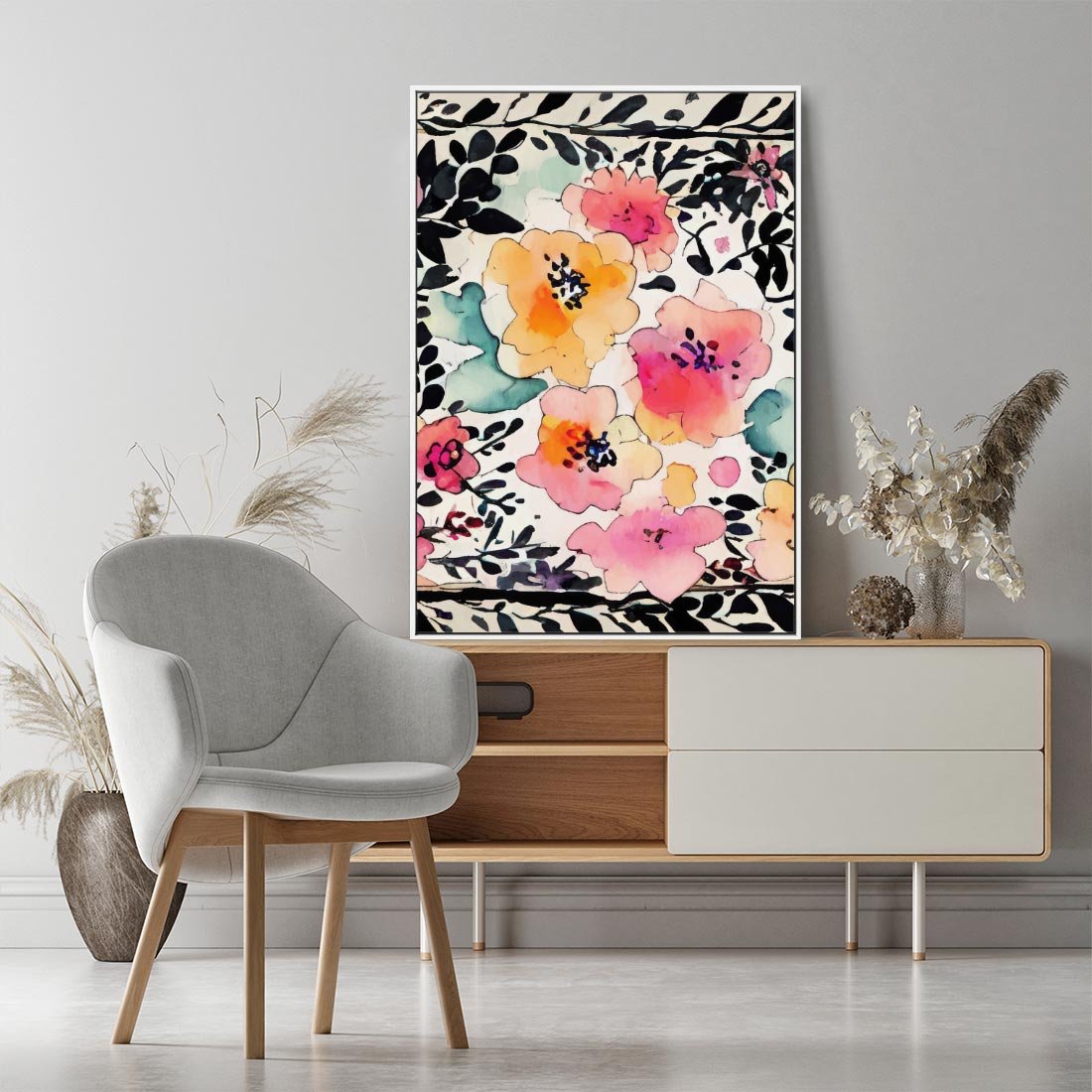 Obraz w ramie 70x100 - Opowieść w kroplach farb - akwarelowe kwiaty, mocna ornamentowa czarna ramka namalowana dookoła obrazu - rama biała