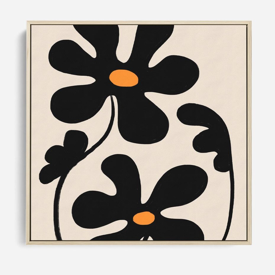 Obraz w ramie 50x50 - Wyjątkowość Boho - minimalistyczny abstrakcyjny obraz, prymitywne kwiaty - rama drewno