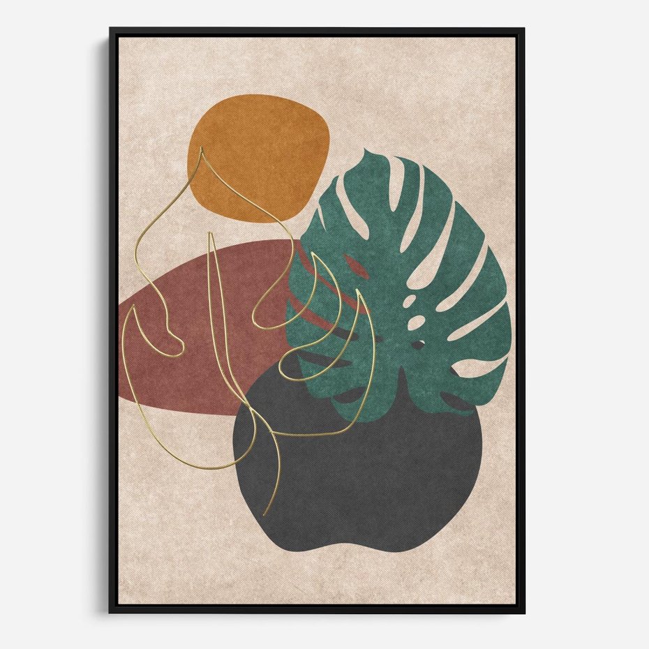 Obraz w ramie 70x100 - Akwarelowa Magia Liści - grafika, styl mid century - rama czarna