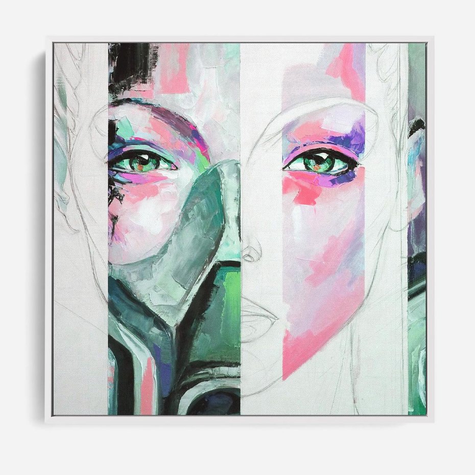 Obraz w ramie 80x80 - Niezakończona Piękność - abstrakcyjny obraz olejny, portret kobiety - rama biała