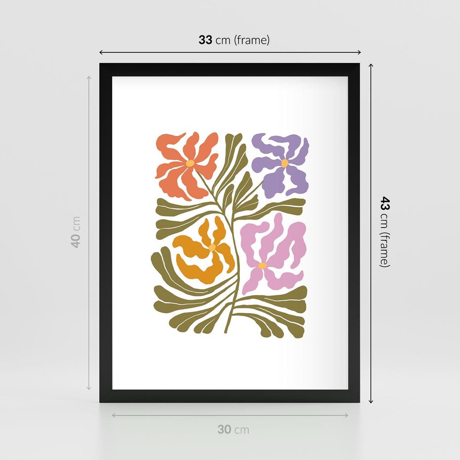 Plakat w ramie 30x40 - Rozplątane Wizje - abstrakcyjne kolorowe kwiaty, minimlizm - rama czarna