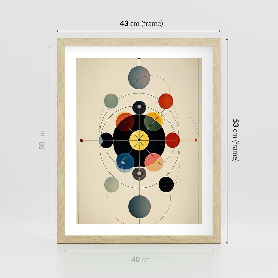 Plakat w ramie 40x50 - Bezgraniczny Taniec Światła - abstrakcyjna geometryczna kompozycja, koła linie - rama drewno