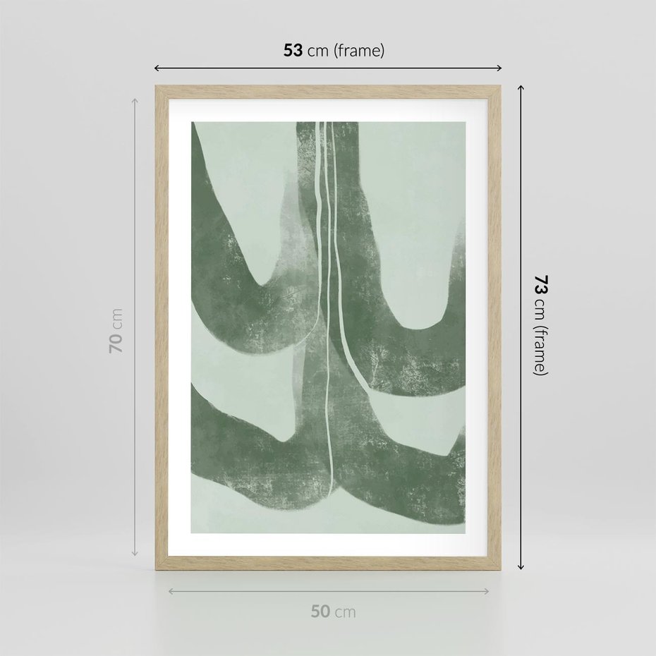 Plakat w ramie 50x70 - Nurtująca Kompozycja Zieleni - abstrakcyjne delikatne zielone linie, podobne do gałęzi kwiatów - rama drewno