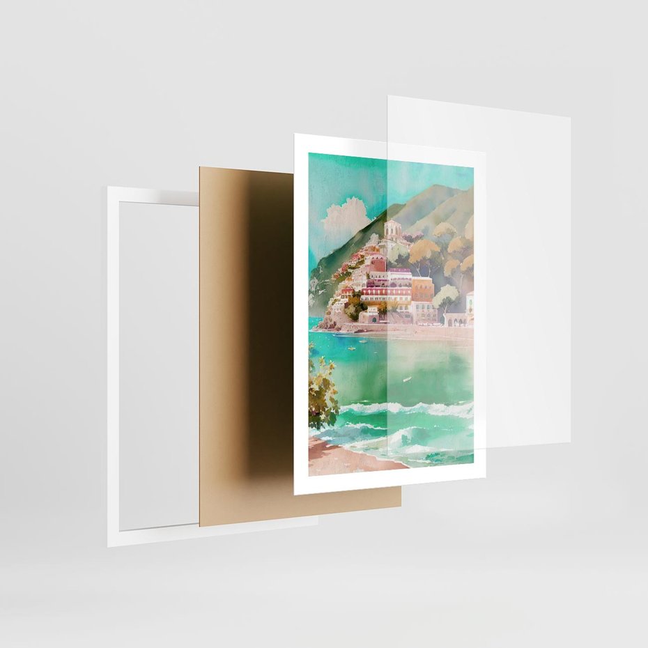 Plakat w ramie 50x70 - Na Zboczu - akwarela, nadmorski pejzaż - rama biała