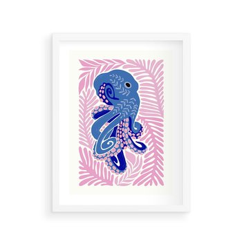Plakat w ramie 30x40 - Rozkwitające marzenia - abstrakcyjna kompozycja, niebieska ośmiornica wśród różowej roślinnośći - rama biała