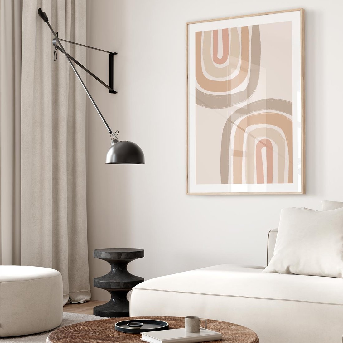 Plakat w ramie 30x40 - Migotliwe Tęczowe Przestrzenie - abstakcyjne tęcze, delikatne odcienie beżu - rama drewno