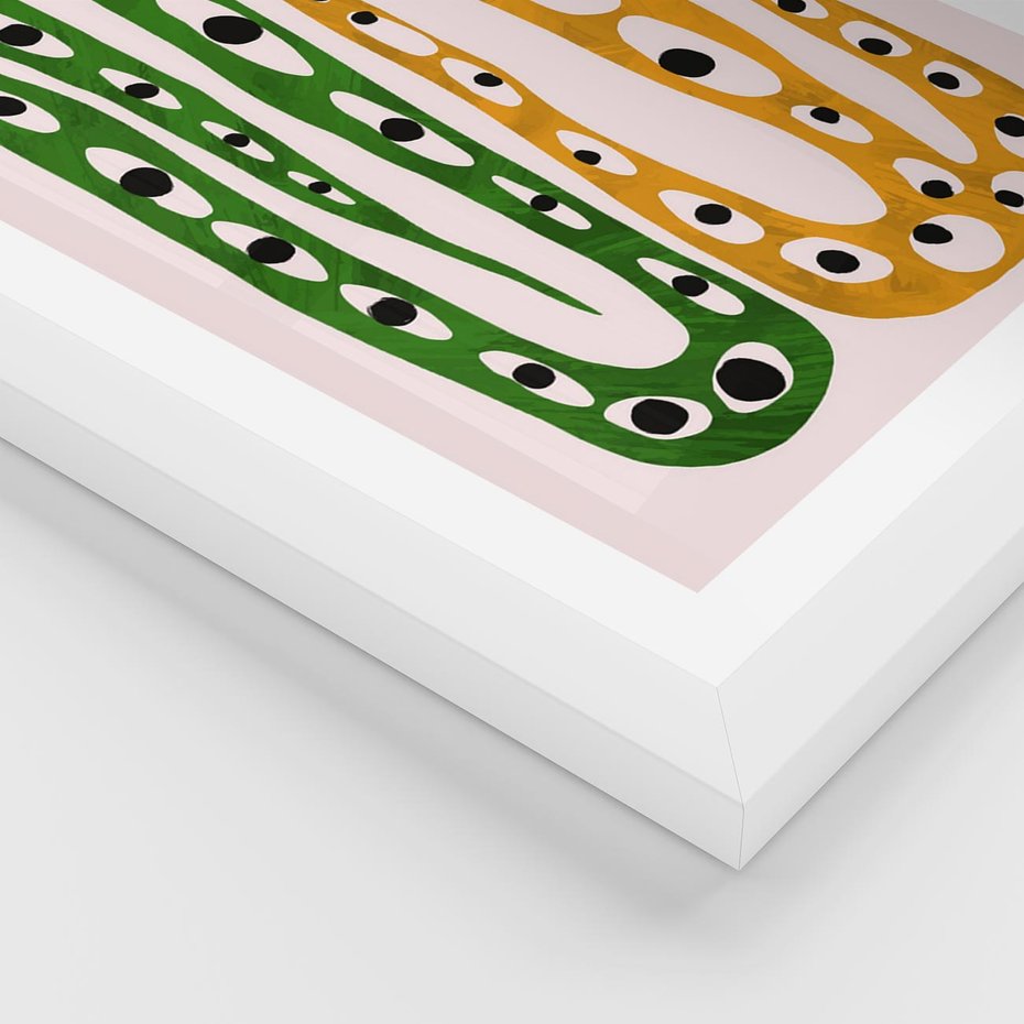 Plakat w ramie 30x40 - Migocące Zmaganie - abstrakcyjny obraz, dziwne kształty - rama biała