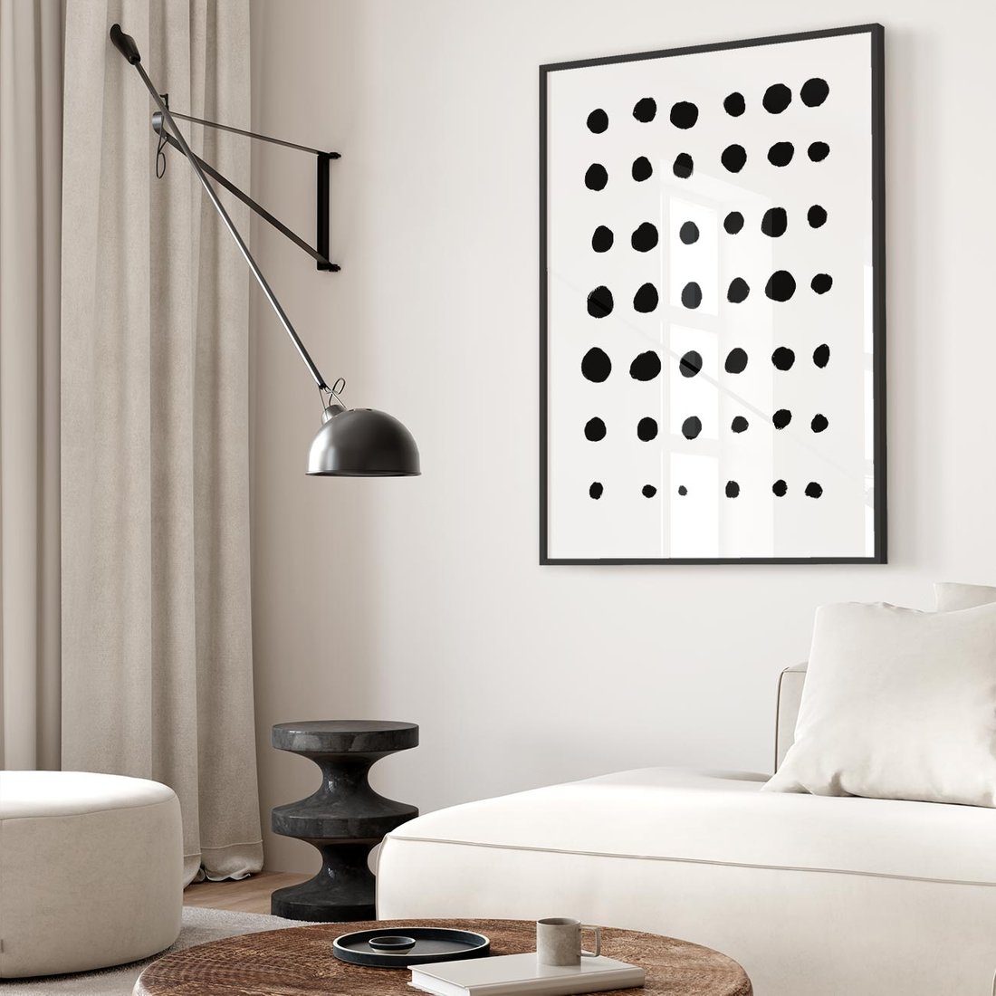 Plakat w ramie 50x70 - Migocące Anomalie - abstrakcyjna kompozycja z czarnych kropek, minimalistyczny czarno bialy plakat - rama czarna