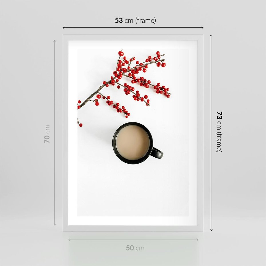 Plakat w ramie 50x70 - Filiżanka Kawy z Gałązką Jarzębiny - kawa, gałązka jarzębiny - rama biała