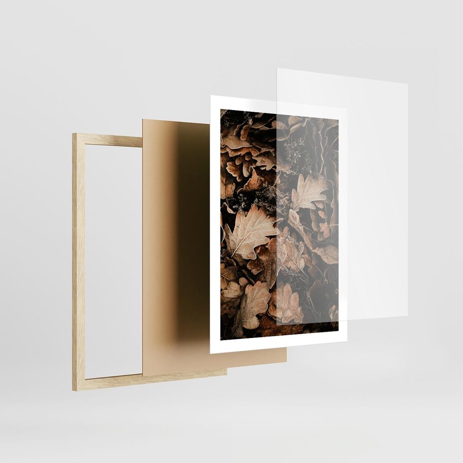 Plakat w ramie 50x70 - Jesienna Melodia: Liście i Szyszki - suche liście, szyszki - rama drewno