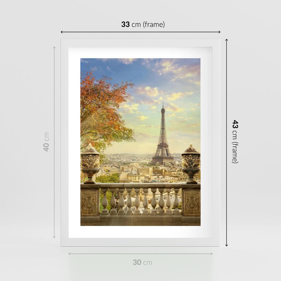 Plakat w ramie 30x40 - Paryż za Wieżą Eiffla - Paryż, Eiffla - rama biała