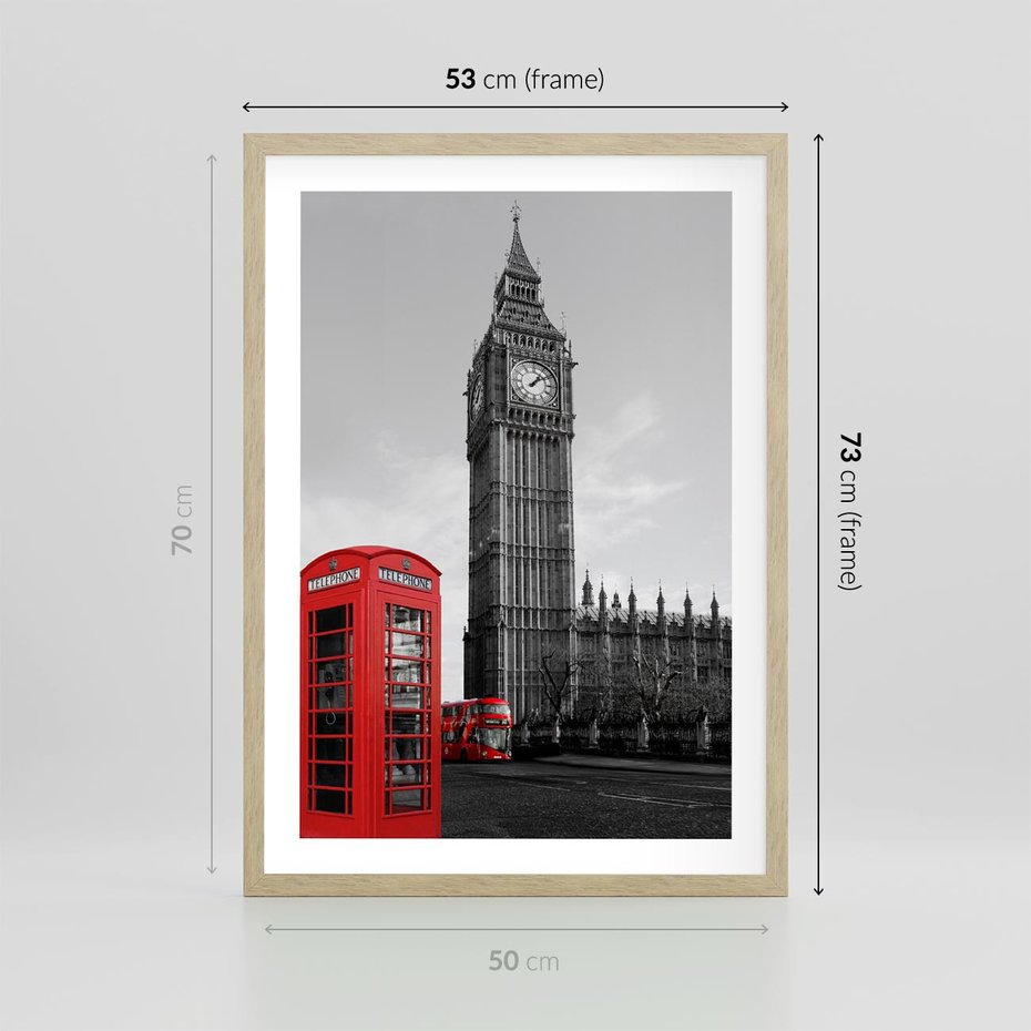 Plakat w ramie 50x70 - Budka telefoniczna przed Big Benem - budka, Londyn - rama drewno