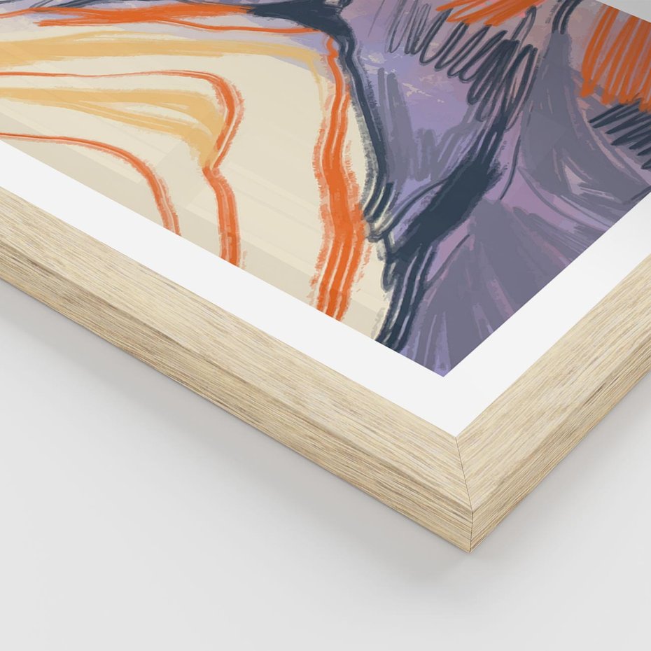 Plakat w ramie 30x40 - Pokreślony Świat - abstrakcyjne formy, odcienie pomarańczu i fioletu - rama drewno