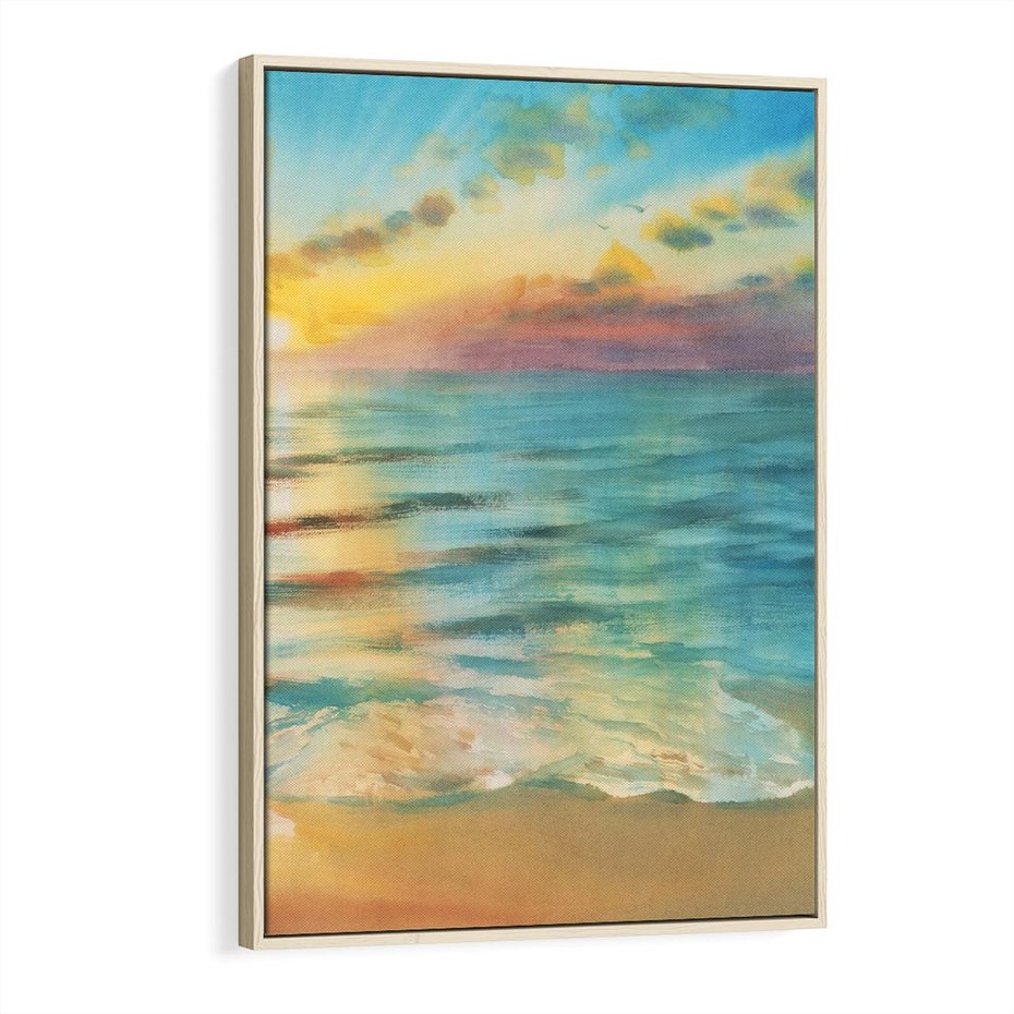 Obraz w ramie 80x120 - Objawienie Fioletowego Świtu - fioletowy wschód słońca, słońce wschodzi nad morzem - rama drewno