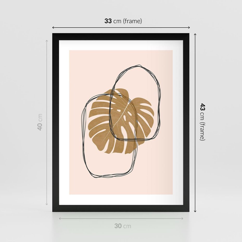 Plakat w ramie 30x40 - Liście w Beżowym Minimalizmie - minimalistyczny obraz, liście monstery - rama czarna
