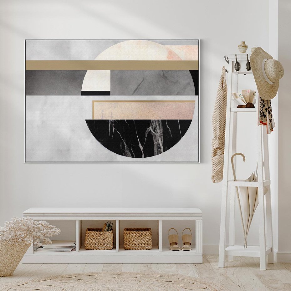 Obraz w ramie 70x50 - Biało-Czarne Formy - nowoczesna geometria, koło - rama biała